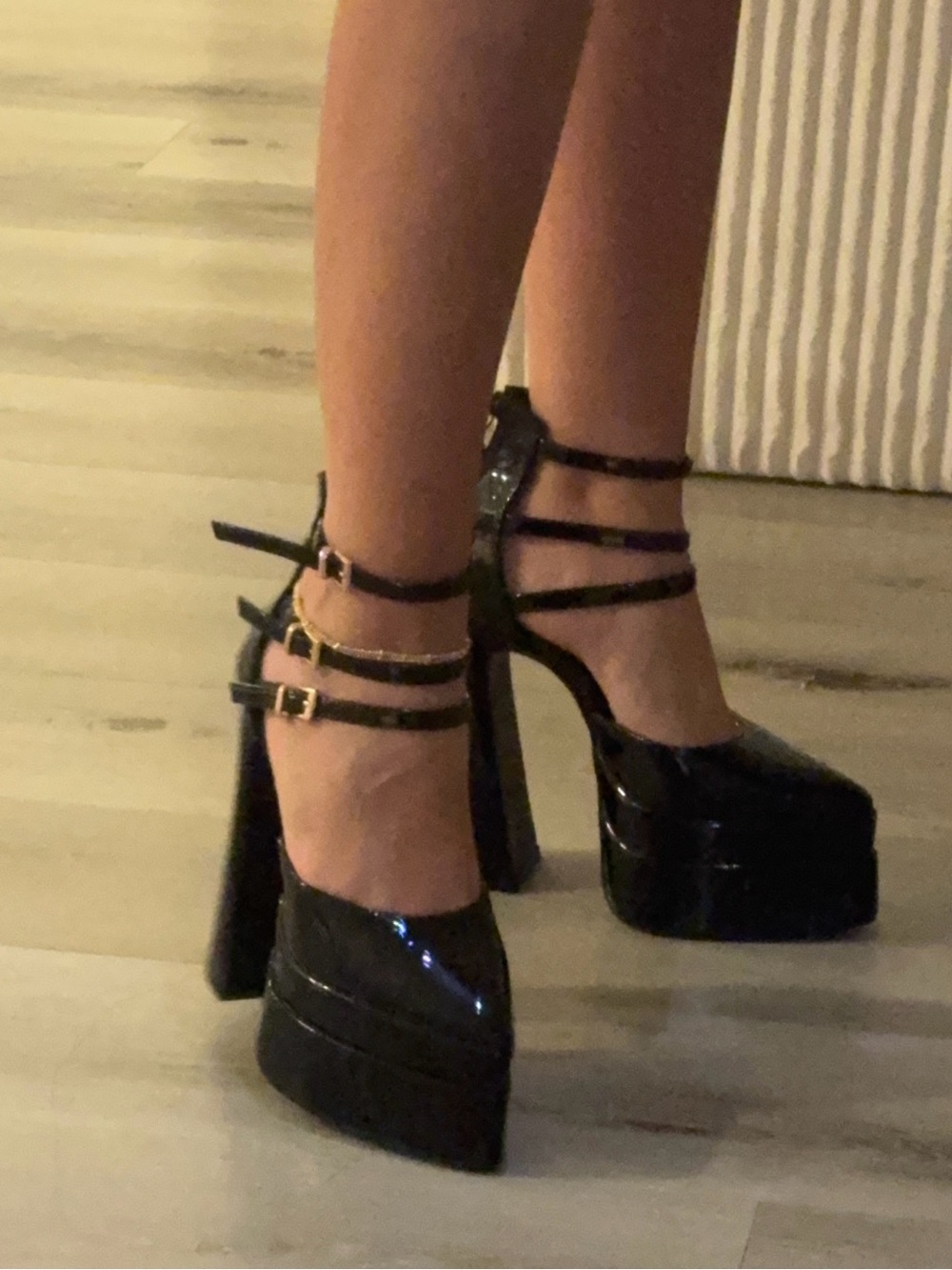 Black Patent Platform Mary Jane Heels with Triple Straps